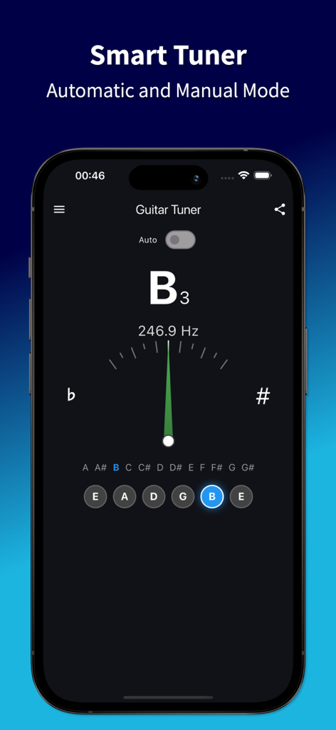 Interfaz de smartphone de la aplicación Guitar Tuner Online que muestra una aguja de precisión afinando la cuerda B