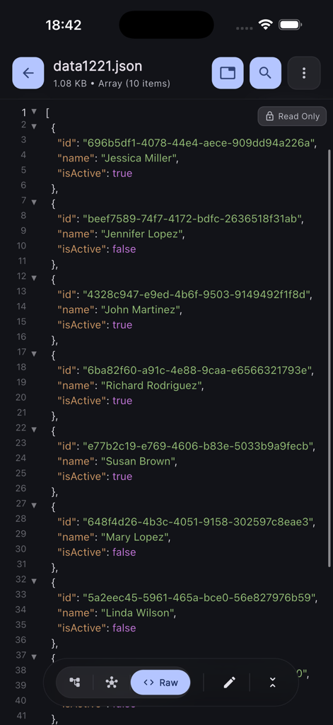 JSON Tools app showing raw code view with syntax highlighting and line numbers