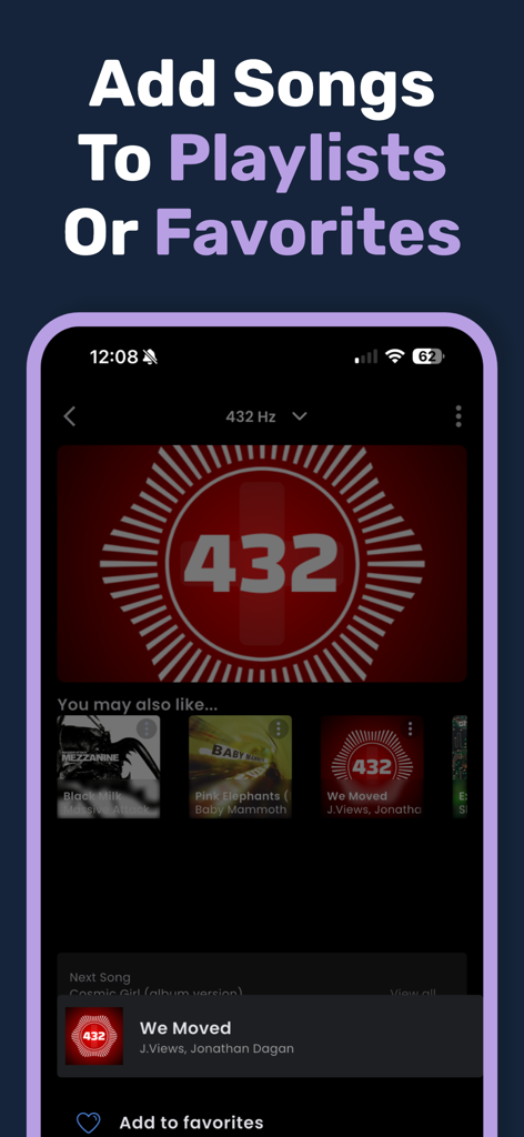 432 Player Plus - Interfaccia dell'app 432 Player Plus che mostra la funzionalità di aggiunta di brani alle playlist o ai preferiti