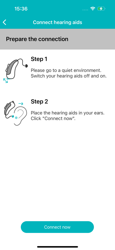 Vibe App - Step-by-step instructions for connecting hearing aids within the Vibe App interface