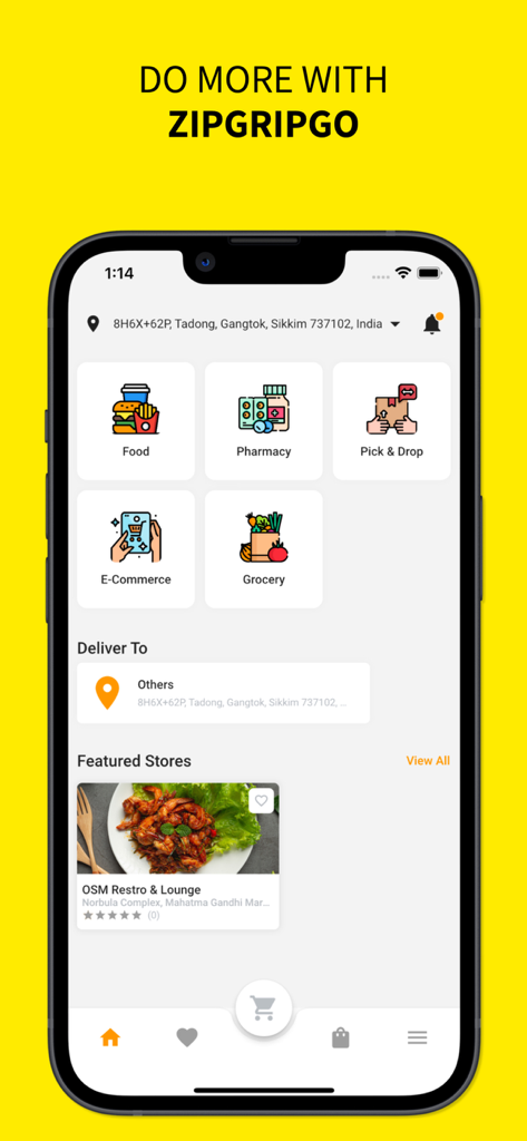 ZipGripGo mobile app home screen featuring food pharmacy and grocery delivery services in Gangtok India