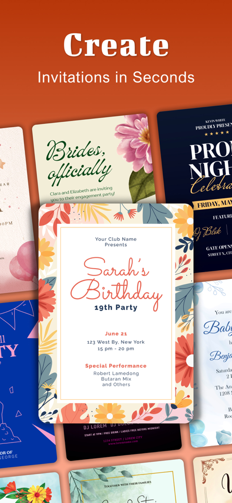 Invitation Maker-RSVP,Greeting - Varias plantillas de invitaciones digitales para cumpleaños, bodas y fiestas