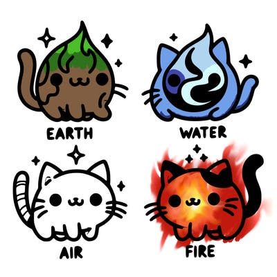 4 cats that represent the different elements, earth, water, air, and fire