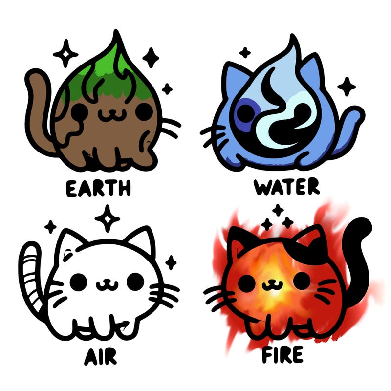 4 cats that represent the different elements, earth, water, air, and fire