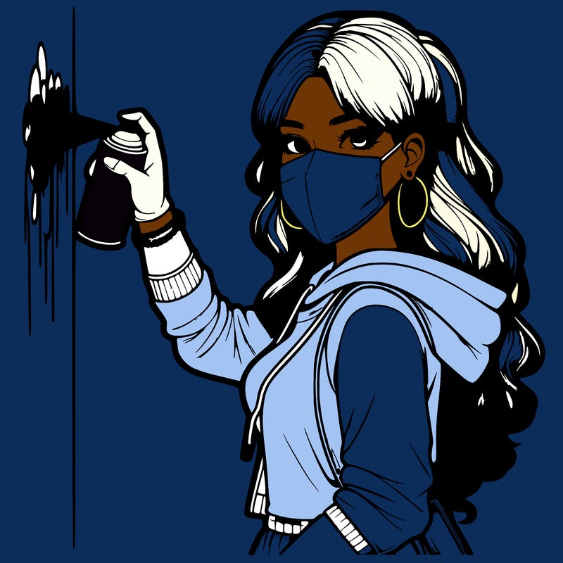 realistic girl with mask spray painting a wall