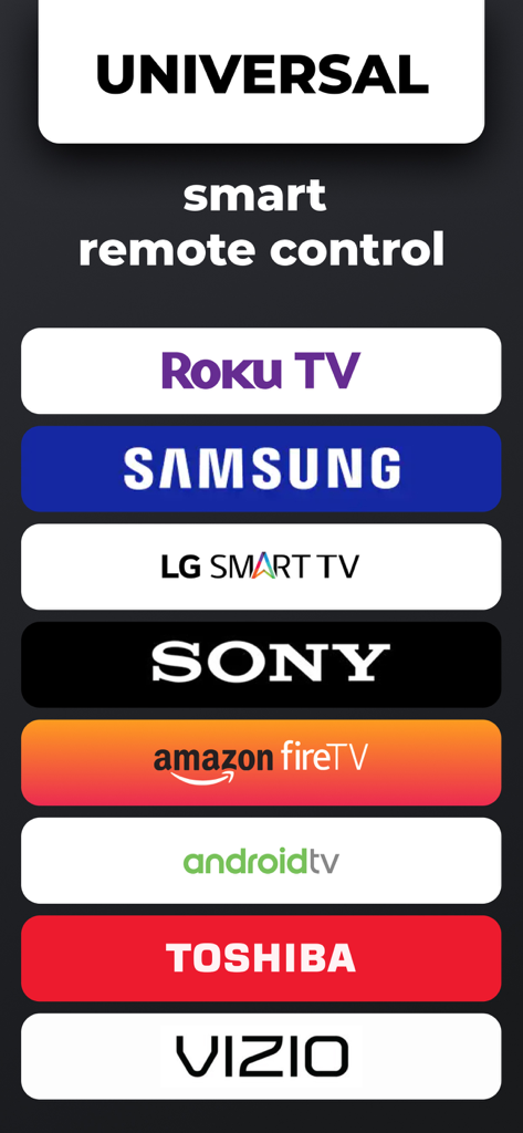 Smart TV remote app - List of supported smart TV brands for the universal remote control app including Samsung LG Sony and Roku