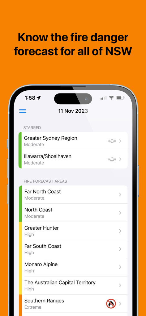 Fire Danger NSW app showing fire risk ratings and forecast areas across New South Wales