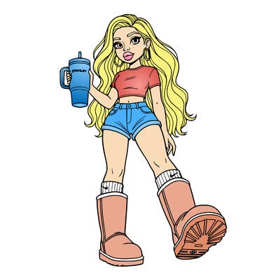 short girl with long wavy hair short shorts crop top wearing uggs and nike socks holding a stanley cup has earing and big lips she's short and really cute