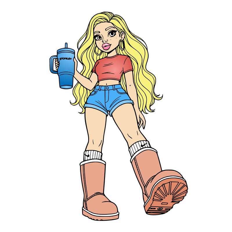 short girl with long wavy hair short shorts crop top wearing uggs and nike socks holding a stanley cup has earing and big lips she's short and really cute