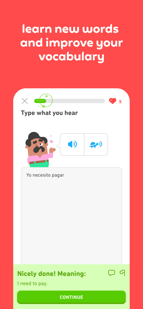 Duolingo mobile app interface showing a Spanish listening and vocabulary exercise