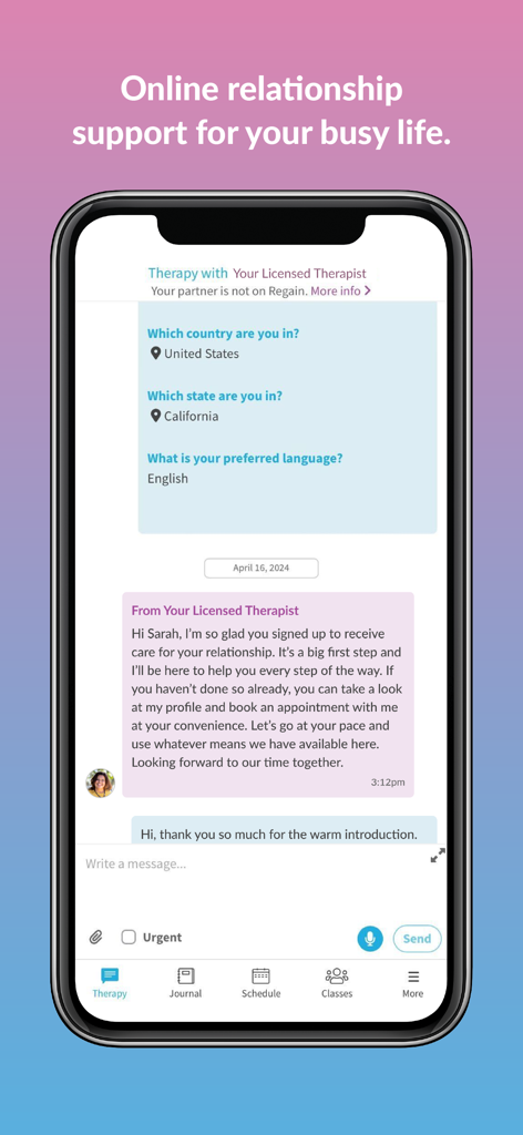 ReGain - Couples Therapy - Secure messaging screen of the ReGain couples therapy app showing a chat with a licensed professional