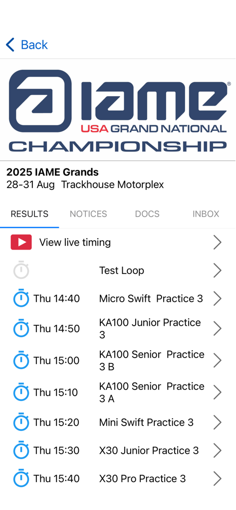Alpha Racehub - Alpha Racehub app results screen for the IAME USA Grand National Championship at Trackhouse Motorplex