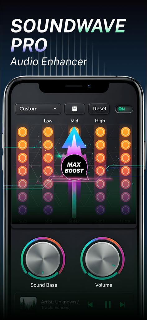 Interface du lecteur de musique hors ligne PowerAmp avec un égaliseur audio professionnel et des commandes d'amplification des basses