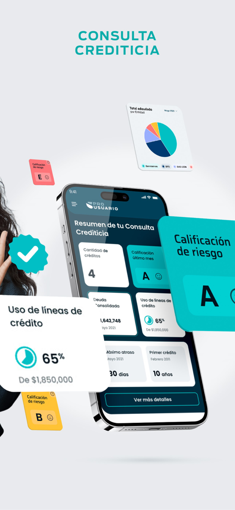 ProUsuario - ProUsuarioアプリの信用照会機能が表示された携帯電話で、リスク格付けと財務概要が表示されています。
