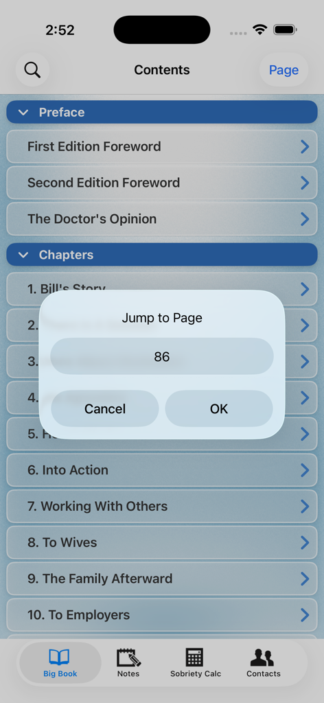 12 Steps Companion AA Big Book - Screenshot of the 12 Steps Companion app showing the Big Book contents and a jump to page feature