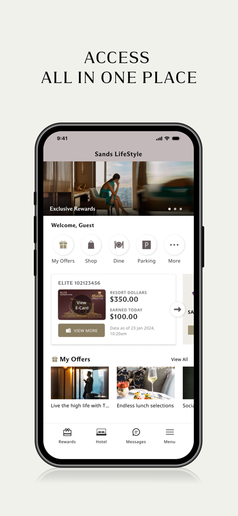Dashboard dell'app Sands LifeStyle che mostra il saldo dei premi del resort e le offerte per i membri