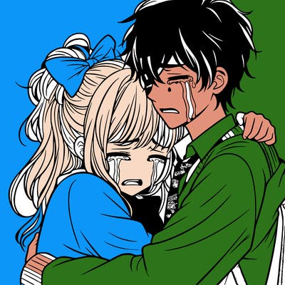 teenage manga girl hugging boy crying