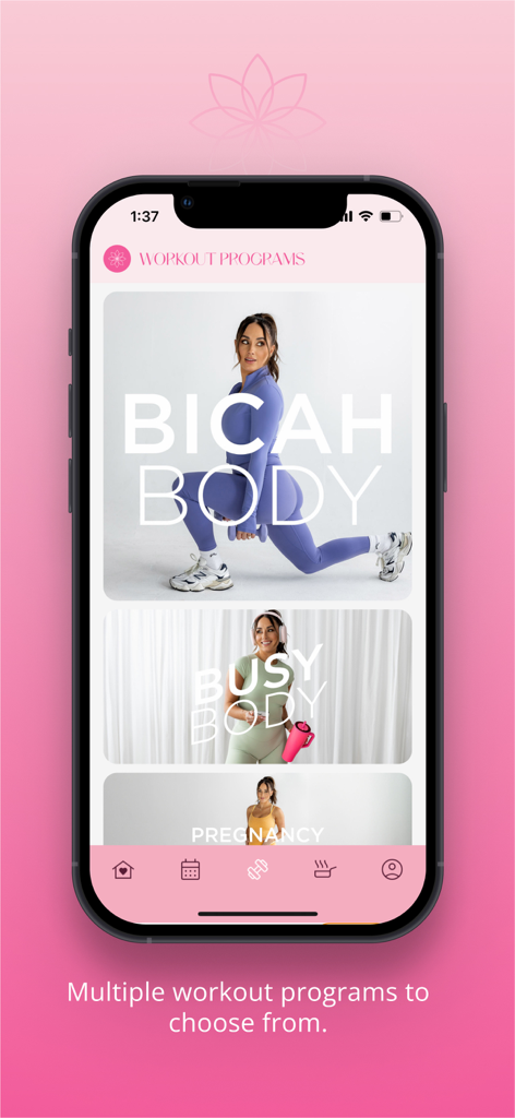 Interfaccia dell'app di fitness Bicah che mostra vari programmi di allenamento come Bicah Body e Busy Body