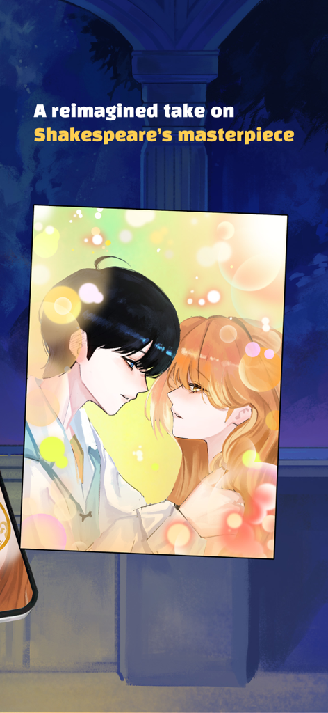 Romeo and Juliet: Love Story - ビジュアルノベルゲームのロミオとジュリエットのイラストと、「シェイクスピアの傑作の再想像」というテキスト