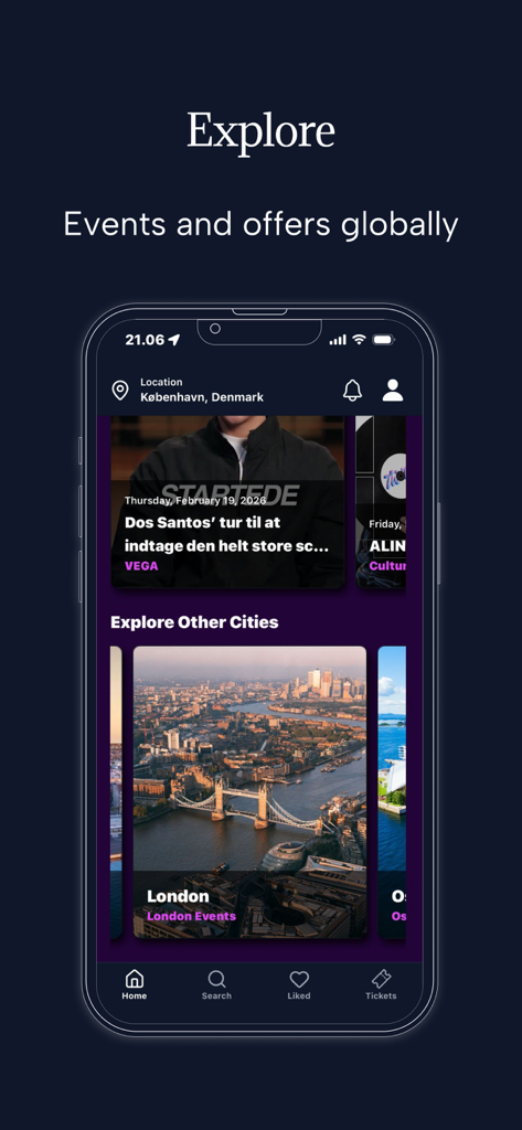 OPIC - Nightlife App - Explore screen of the OPIC nightlife app featuring events in Copenhagen and London