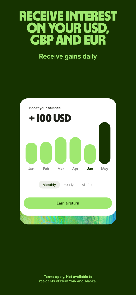 Wise mobile app screen showing options to earn daily interest on USD GBP and EUR balances with a visual growth chart