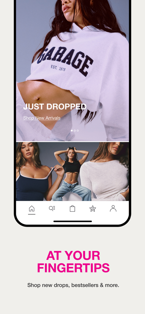 La pantalla de inicio de la aplicación de moda Garage con nuevos lanzamientos de ropa y estilos de ropa urbana