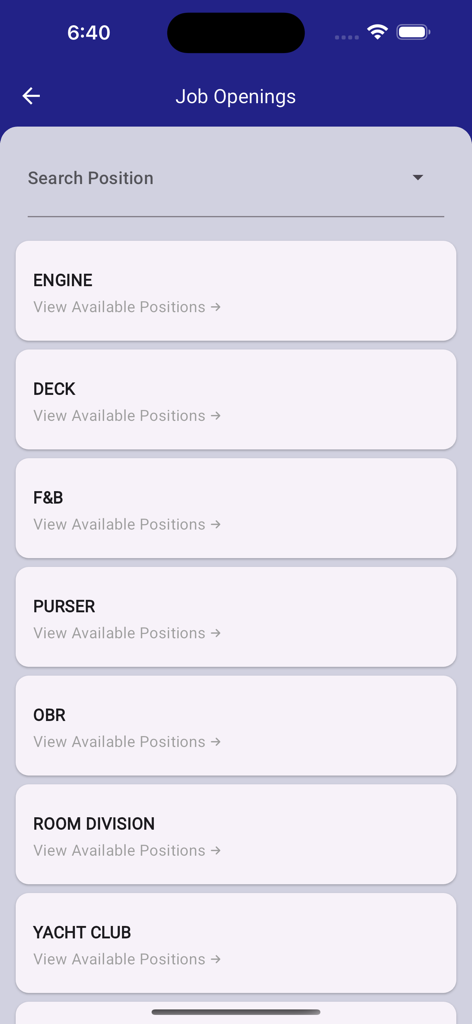 MSC Crewing Services - Screenshot of the Job Openings screen in the MSC Crewing Services app showing categories like Engine, Deck, F&B, and Purser.
