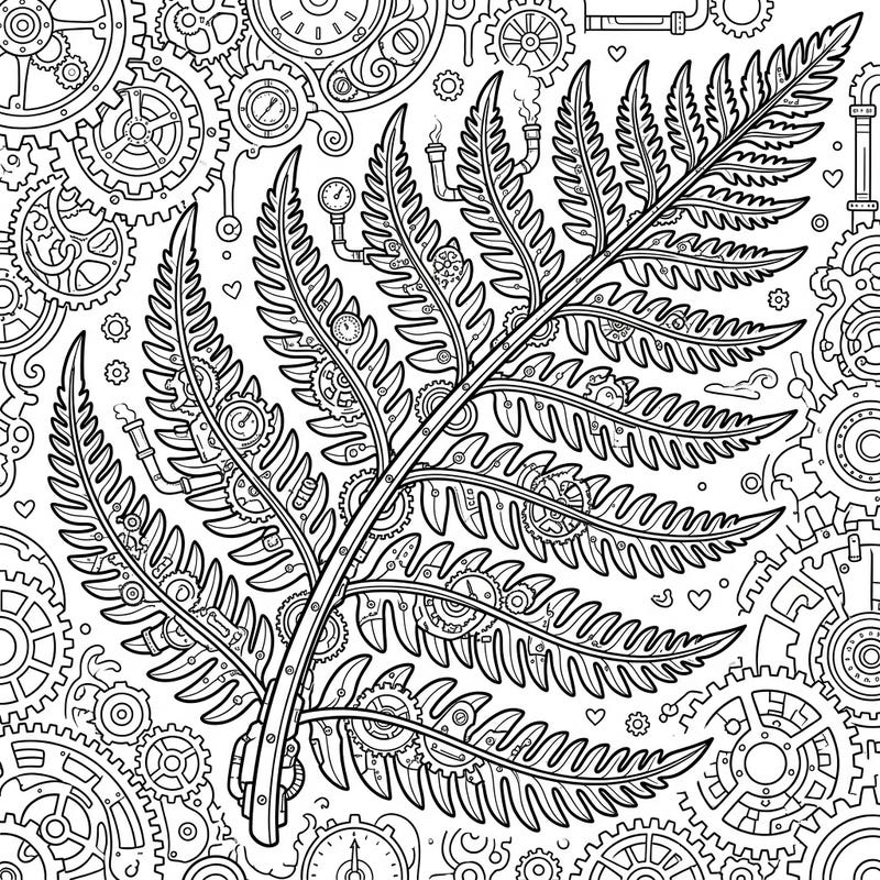 Unleash your creativity with this extraordinary Steampunk Lady Fern coloring page, blending natural beauty with intricate mechanical details. Dive into a world where delicate fronds are transformed by gears, pipes, and industrial elegance, offering a captivating coloring challenge.