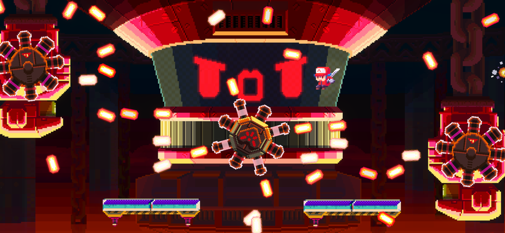 Lia: Hacking Destiny - Pixel art action scene of Lia jumping over projectiles during a giant robot boss battle.