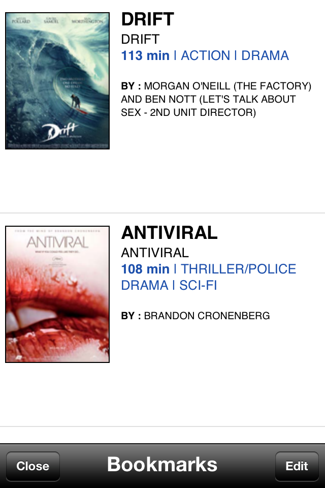 TF1 International - Página de marcadores en la aplicación TF1 International mostrando una lista de películas que incluyen Drift y Antiviral con pósteres y detalles de la película