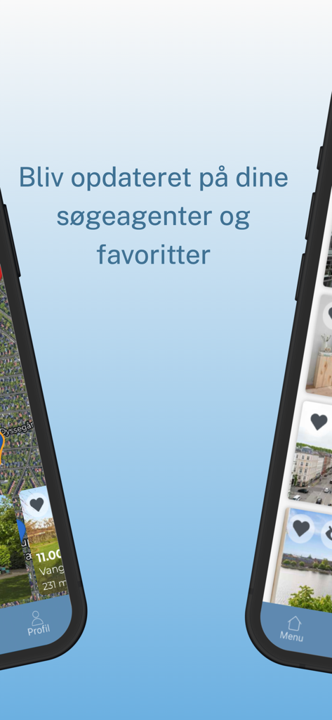 Boliga - Boliga app interface showing a property search map and a list of saved favorite homes