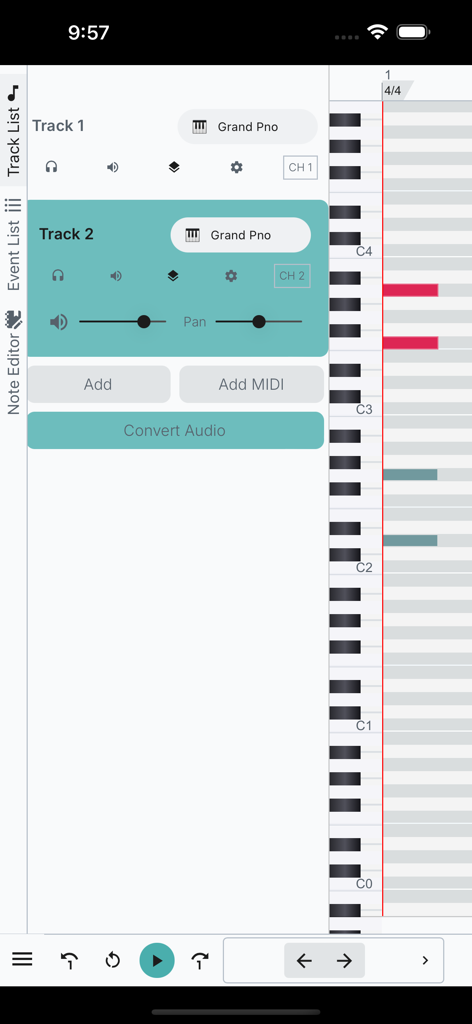 Midify mobile app interface showing music track controls and a vertical piano roll editor