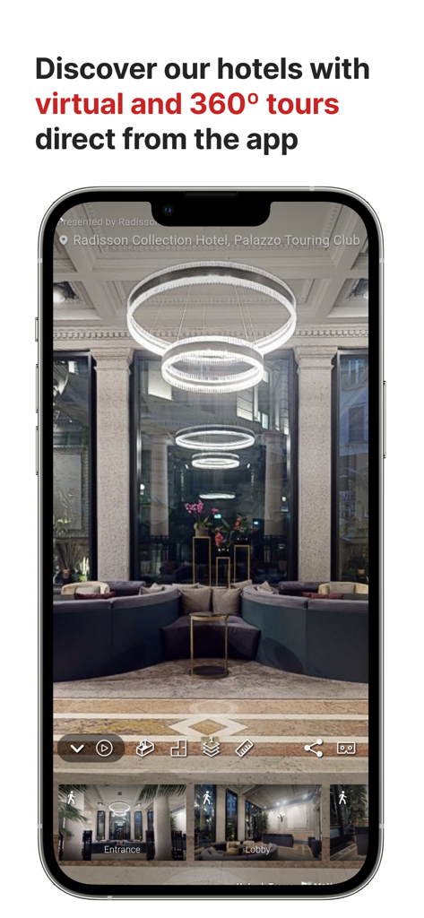 Radisson Hotels Stays - Écran de smartphone montrant une visite virtuelle à 360 degrés d'un hall d'hôtel de luxe dans l'application Radisson Hotels