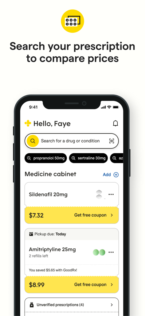 GoodRx: Prescription Coupons - Schermata dell'app GoodRx che mostra un armadietto dei medicinali con prezzi di farmaci da prescrizione e coupon