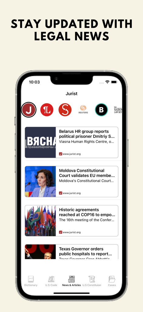 Law Dictionary & U.S Code - A mobile app interface displaying a feed of current legal news articles and headlines from authoritative sources.