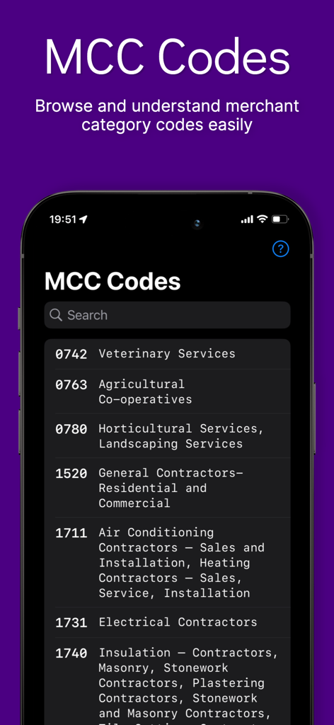 クレジットカード特典の最適化のための加盟店カテゴリコードの検索可能なカタログを表示するモバイル画面。
