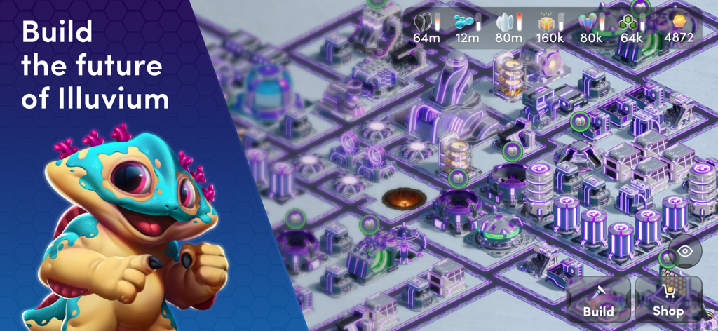 Illuvium: Zero - Interfaz futurista de construcción de ciudades en Illuvium Zero mostrando estructuras industriales de neón y estadísticas de gestión de recursos