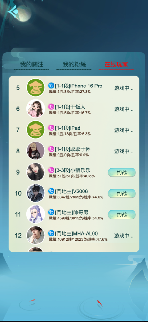 King's Gomoku - Leisure Puzzle - Una lista de jugadores en línea en King's Gomoku que muestra sus avatares de perfil, clasificaciones y tasas de victorias