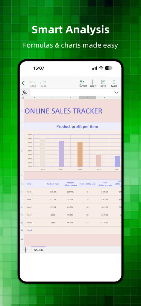 Spreadsheets Editor-Sheet View - Mobile app interface of Spreadsheets Editor showing a sales tracker spreadsheet with a bar chart and data table