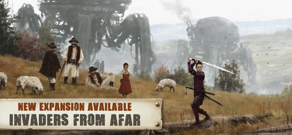 Banner de la expansión Invaders from Afar de Scythe Edición Digital con mechs dieselpunk y personajes de facción.