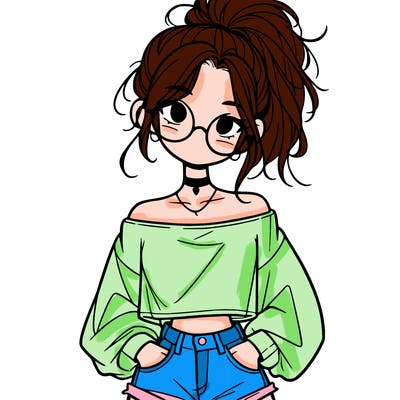 girl with a messy ponytail glasses a baggy crop top and jean shorts