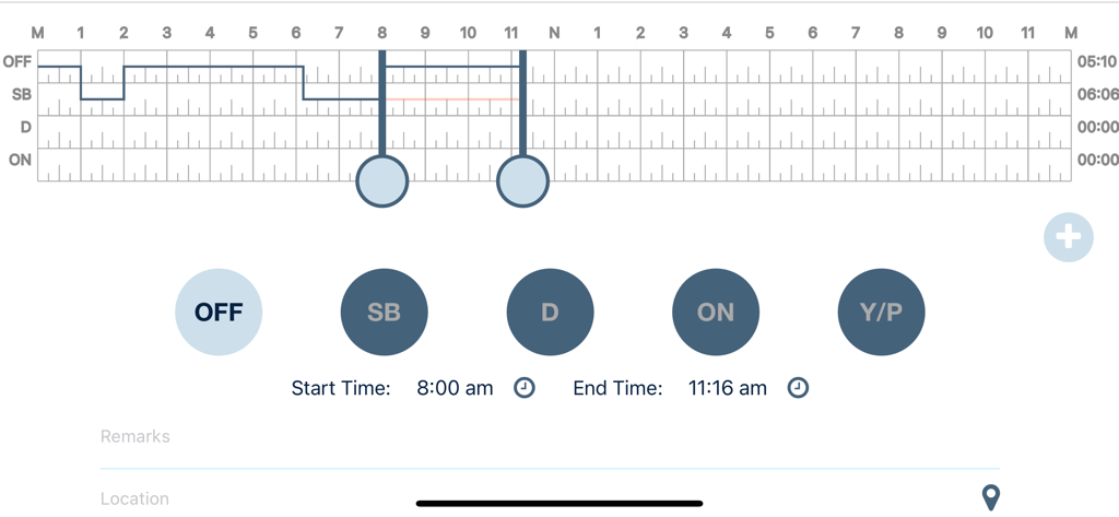 Rigbot ELD-Bildschirm mit HOS-Diagramm und Schaltflächen zur Statusauswahl