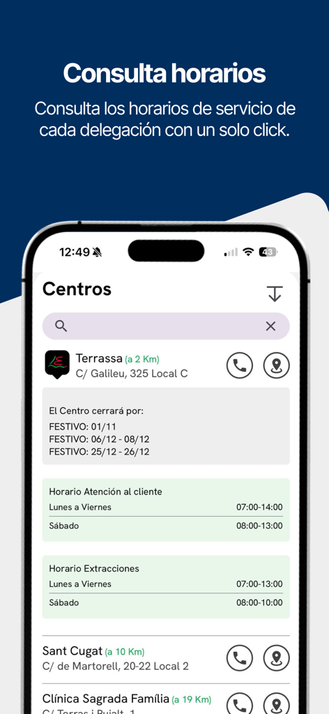 Une interface d'application mobile affichant l'emplacement des centres de laboratoire avec leurs horaires d'ouverture détaillés pour le service à la clientèle et les prélèvements sanguins.