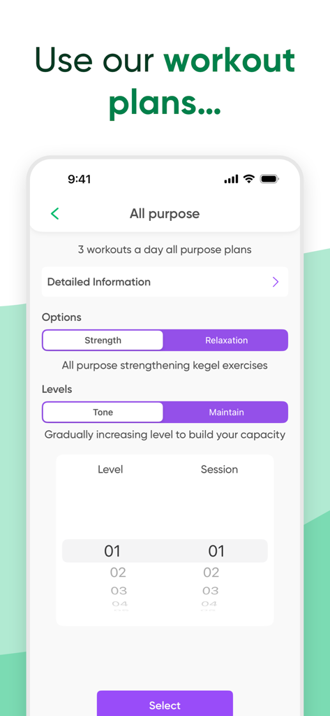 Kegel Trainer App-Oberfläche mit Optionen für Trainingspläne für Kraft und Entspannung