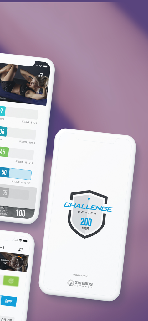 Three mobile screens displaying the 0-200 Situps Trainer Challenge app interface and progress tracker