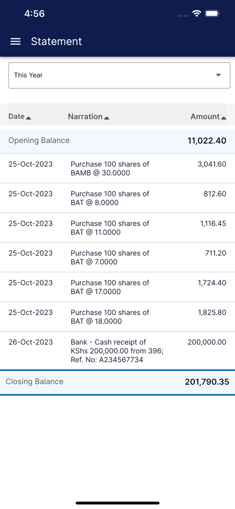 Faida M-Trader - Transaction history statement on Faida M-Trader app showing share purchases and account balance