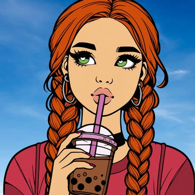 realistic girl with braided hair drinking boba