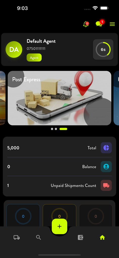 Das Dashboard der Guaranty Post App zeigt Agentenprofilinformationen, finanzielle Guthaben und die Anzahl unbezahlter Sendungen in einer Dark-Mode-Oberfläche an.