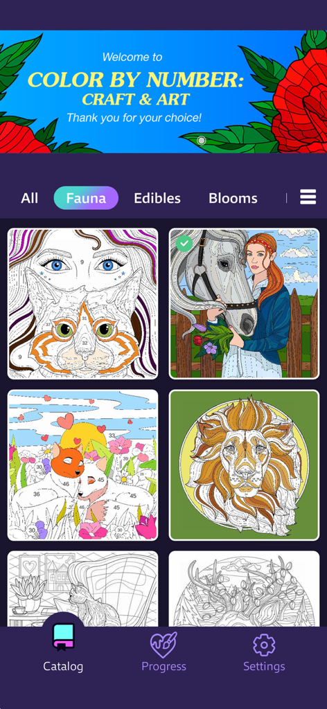 Color by Number: Craft & Art - L'écran du catalogue de l'application Color by Number Craft and Art affichant divers modèles de coloriage d'animaux dans la catégorie faune.