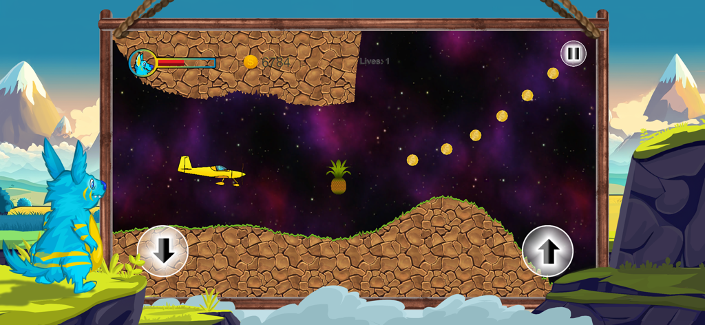 Molly Platformer: Super Runner - Molly Platformer gameplay showing a yellow airplane flying in a space level with coins and a pineapple